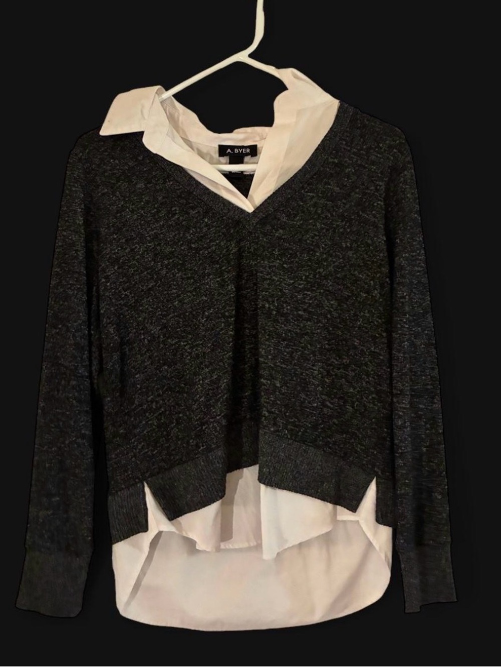 A. Byer Charcoal V-Neck Layered Sweater with White Shirt Detail